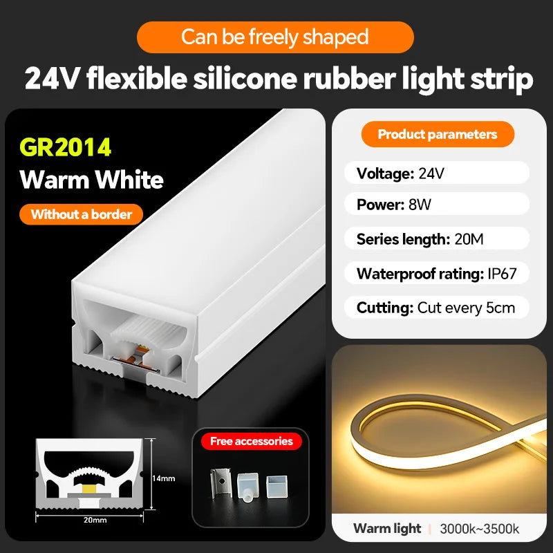 LED silicone light strip, linear light strip, embedded, 24V, waterproof, flexible, curved shape light