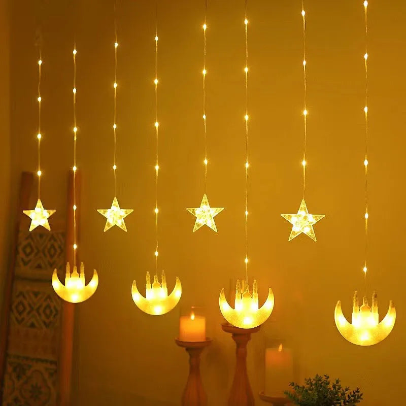 2026 Eid Al-Fitr Mubarak LED String Lights Moon Stars Curtain String Lights Islamic Ramadan Kareem Decoration for Home Garden