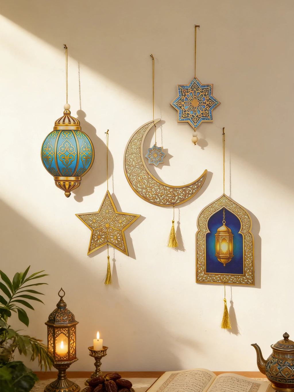 Ramadan Kareem Wall Hanging Decor Islamic Moon Star Lantern Ornaments with Tassel Muslim Festival Decoration for Home Party Gift