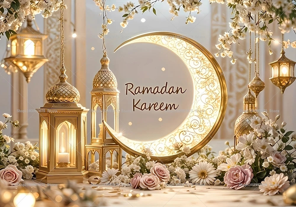 2D Ramadan Golden Crescent Moon Backdrops Eid Mubarak Party Decor Photography Background Banner Studio Photo Booth Props