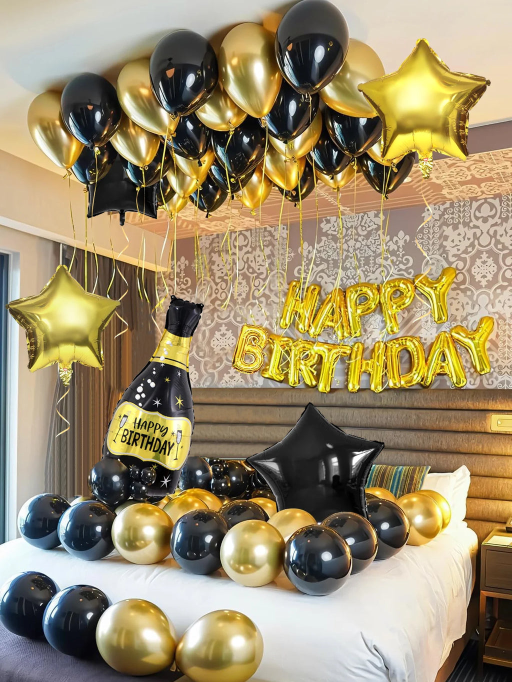 43pcs black and gold "Happy Birthday" letter balloon set, suitable for birthday party decorations, anniversary parties