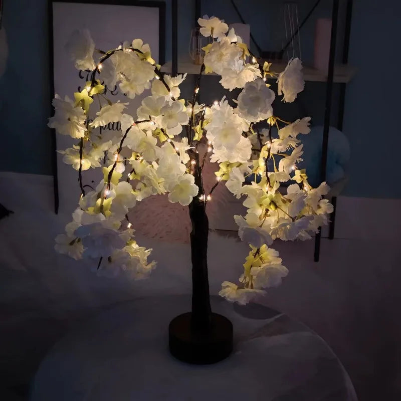 LED Tree Light Simulation Cherry Blossom Atmosphere Decoration Desk Lamp Bedroom Lighting Night Light Home Office Desktop