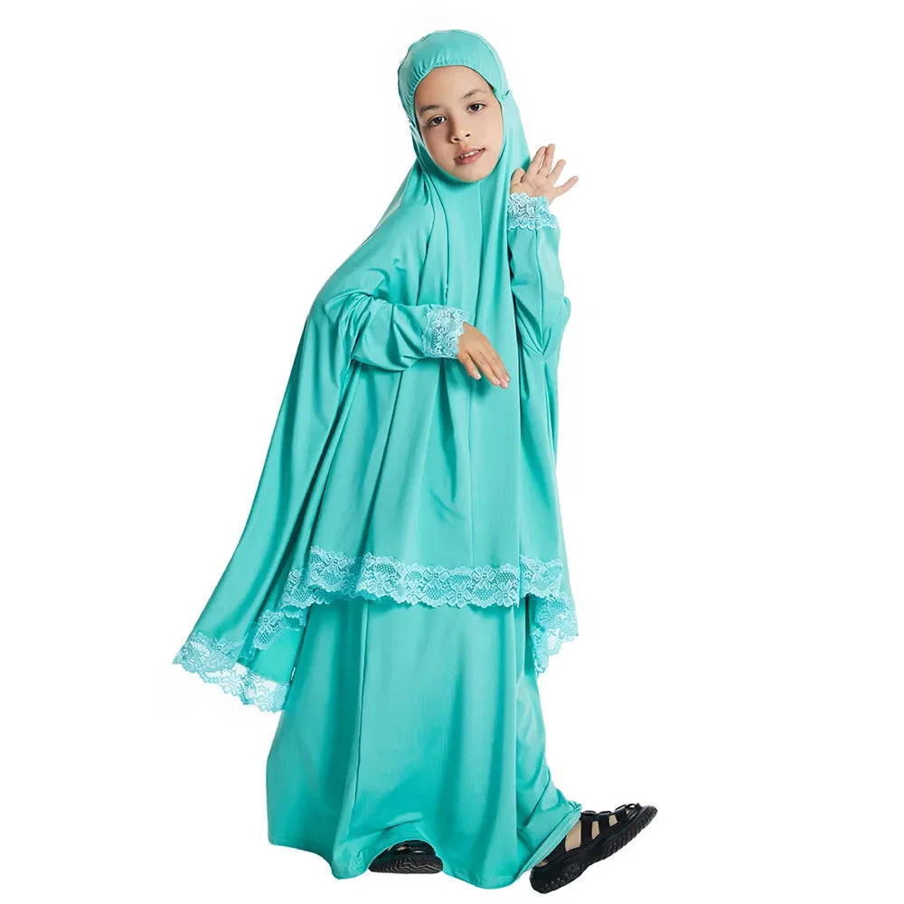 Muslim Kids Girls Hijab Dress Ramadan Khimar Skirt Set Overhead Eid Prayer Garment Burqa Abaya Robe Kaftan Hooded Gown