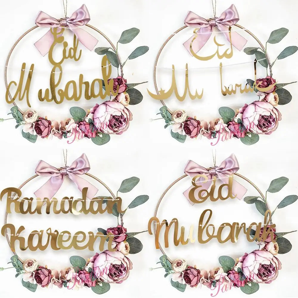DIY Eid Mubarak Wreaths with Artificial Flower Leaves for Ramadan Kareem Islam Party Decoration Muslim Home Wall/Door Decor