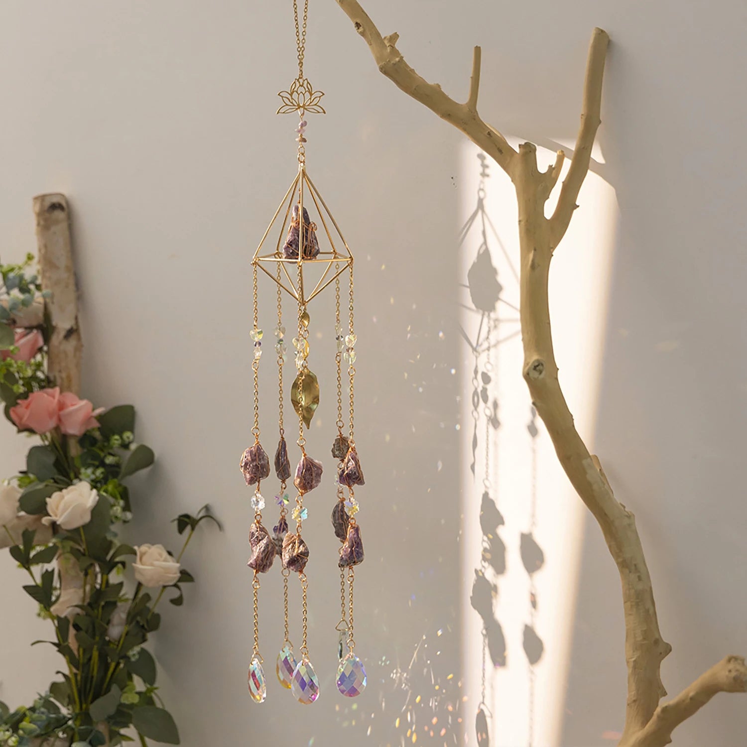 Natural Agate Dream Catcher Wall Hanging Moon Star Sun Crystal Stone Dream Catcher Garden Bedroom Agate Wall Hanging Decorations