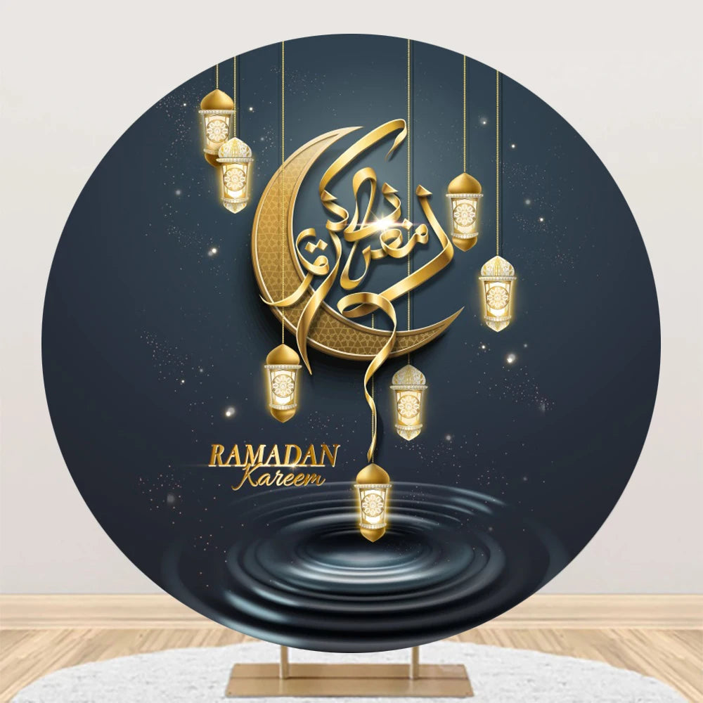 Eid al Fitr Mubarak Round Backdrop Cover Arab Ramadan Karim Golden Moon Star Cloud Lantern Party Decor Banner Photo Stall Props