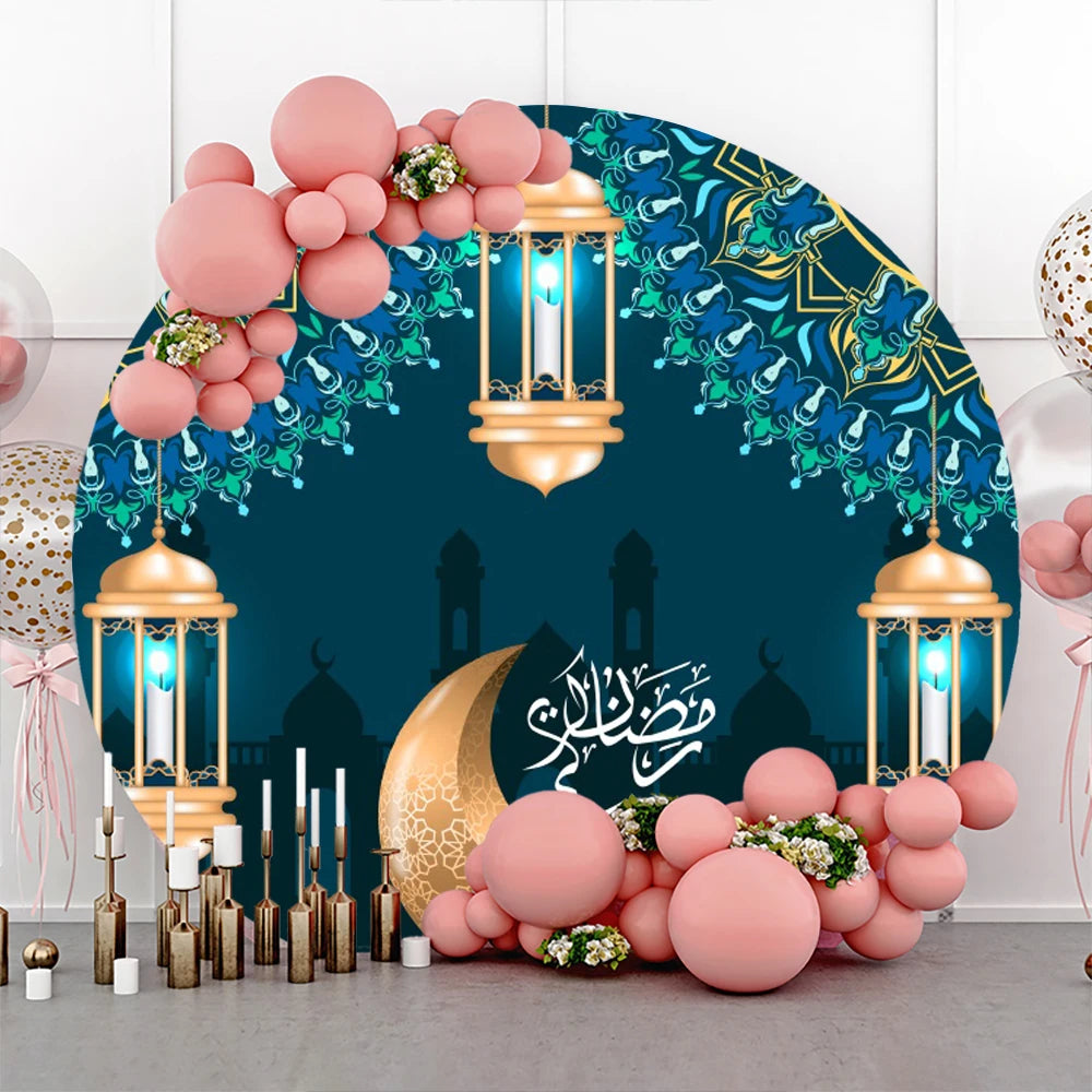 Eid al Fitr Mubarak Round Backdrop Cover Arab Ramadan Karim Golden Moon Star Cloud Lantern Party Decor Banner Photo Stall Props