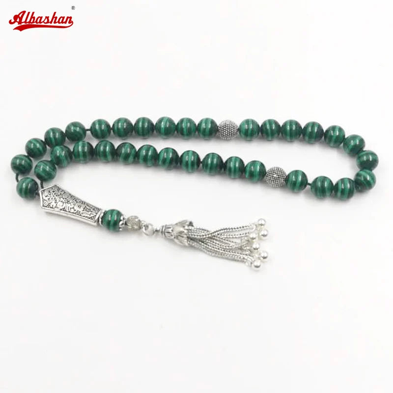Luxurious Tasbih 100% Natural Green Malachite Grade AAAAA with 925 Sterling Slivers Teaasel islamic rosary Muslim Eid adha gift