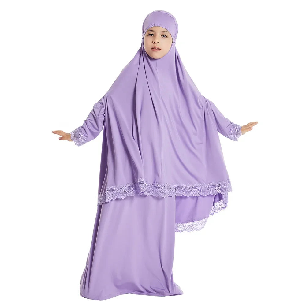 Muslim Kids Girls Hijab Dress Ramadan Khimar Skirt Set Overhead Eid Prayer Garment Burqa Abaya Robe Kaftan Hooded Gown