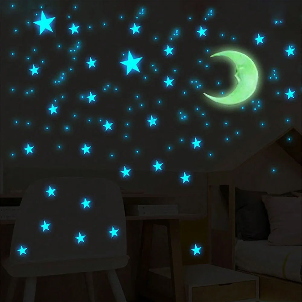 100/50/3pcs Glow In The Dark 3D Star Moon Wall Stickers Glow Sticker Christmas New Year Bedroom Ceilings Decor Glow Wall Sticker