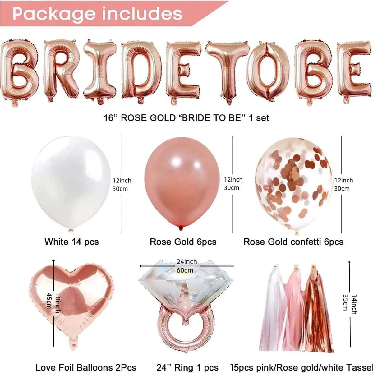 41 Pcs Rose gold Bride to be Balloon Tassel Diamond ring and heart  decoration set Ladies' Singles  Pre marital bachelor party