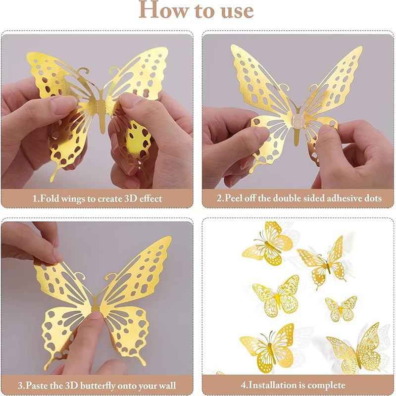12/24/48Pcs 8cm 3D Butterfly Wall Stickers Gold Butterfly Decorations for Butterfly Birthday Party Cake Room Window Garden Decor