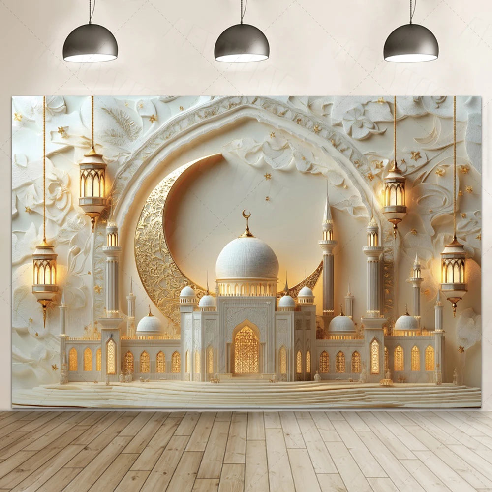 Ramadan Eid Mosque Photo Booth Backdrop Customizable Islamic Party Decoration Green Gold Banner Photography Studio Background