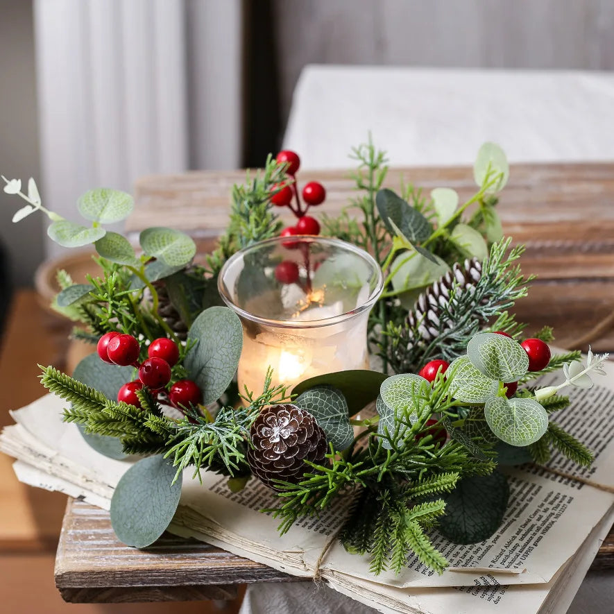 Red Berry Wreath Classic Candle Holder Decorative Ring Festive Pinecone Decoration For Table Decor Holiday Gathering Christmas