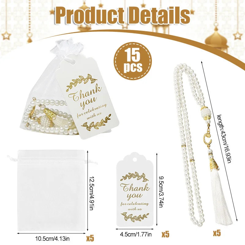 15/30Pcs EID Mubarak Glass Pearls Tassel with Bags and Paper Tag Muslim Islam Prayer Beads Bracelet Hanging Ornament Party Gifts