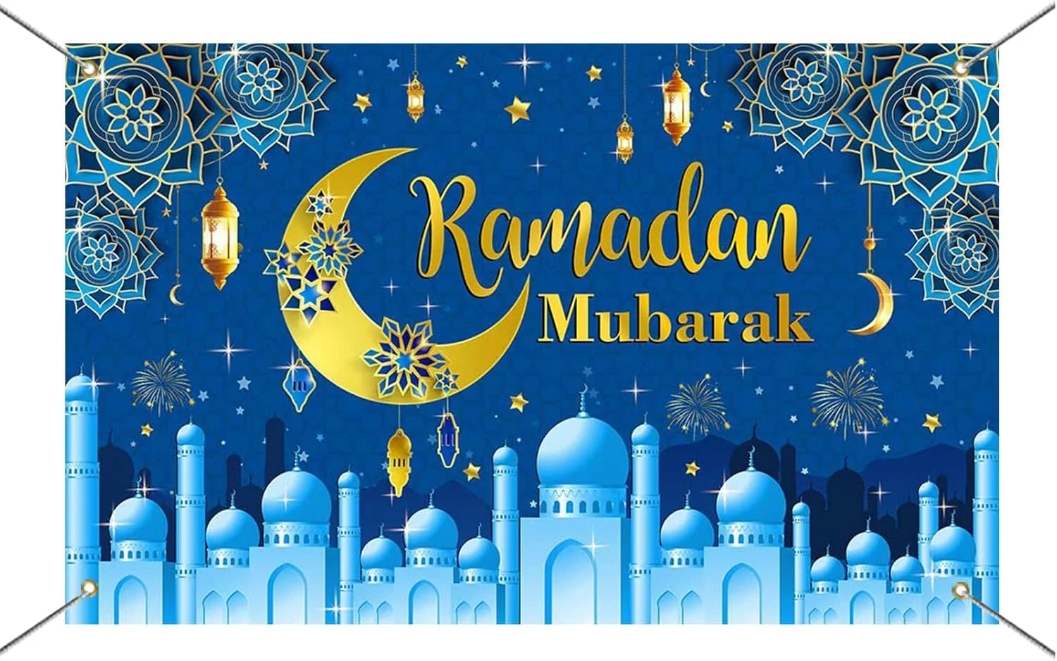VIKAMA Ramadan Mubarak Decoration Background Banner Blue Eid al Fitr Decoration Family Muslim Ramadan Photo Booth Props