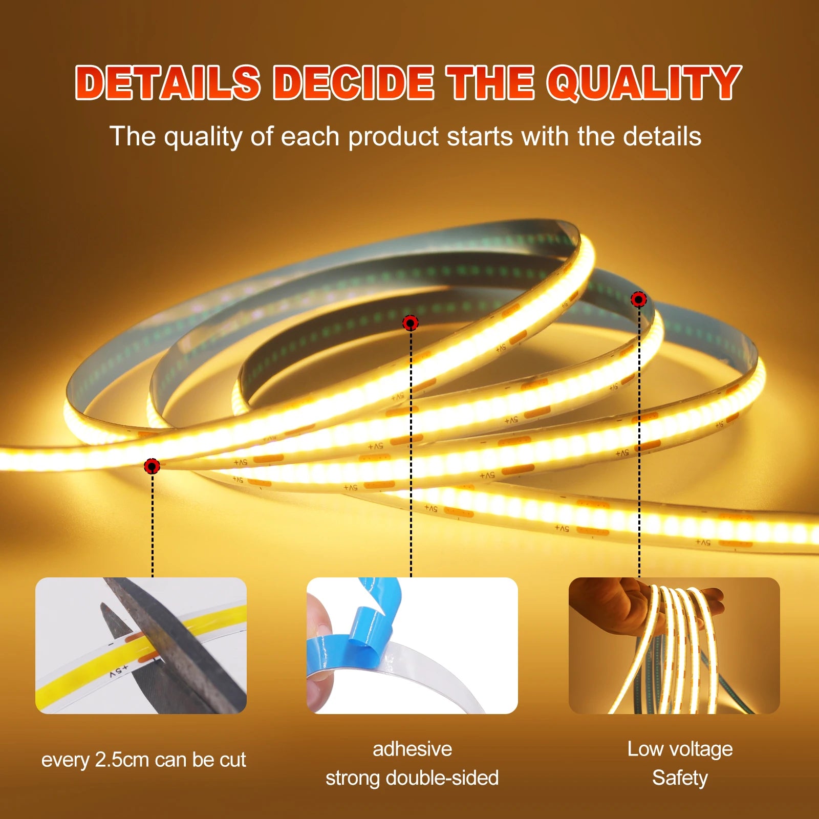 1M-5M USB COB LED Strip Light 5V 320leds/M COB Light Tape TV Mirror Backlight Kitchen Room Night Lighting Red/Blue/Green/White