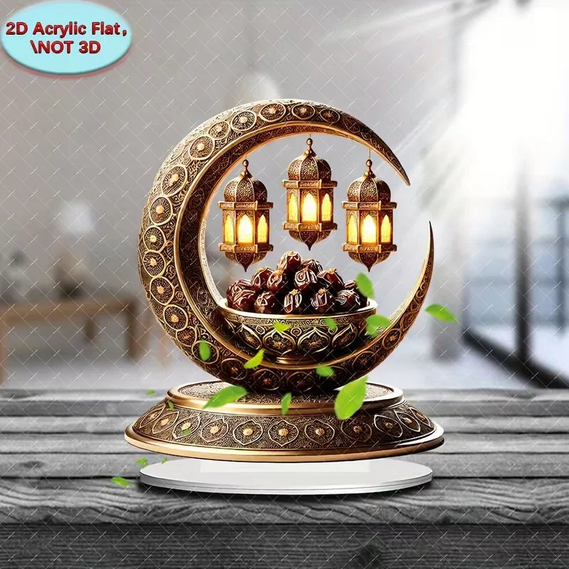 2D flat golden crescent lantern elegant desktop decoration, perfect for Islamic home and office decor, perfect for Ramadan