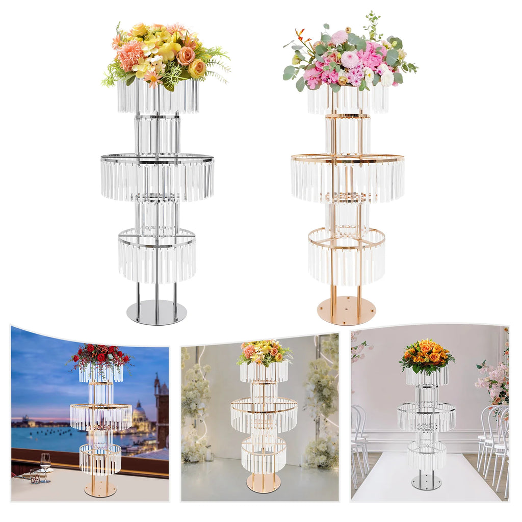 5 Tiers Gold/Silver Wedding Centerpieces Flower Stand Vase Centerpiece Acrylic Flower Stand with Hanging Acrylic