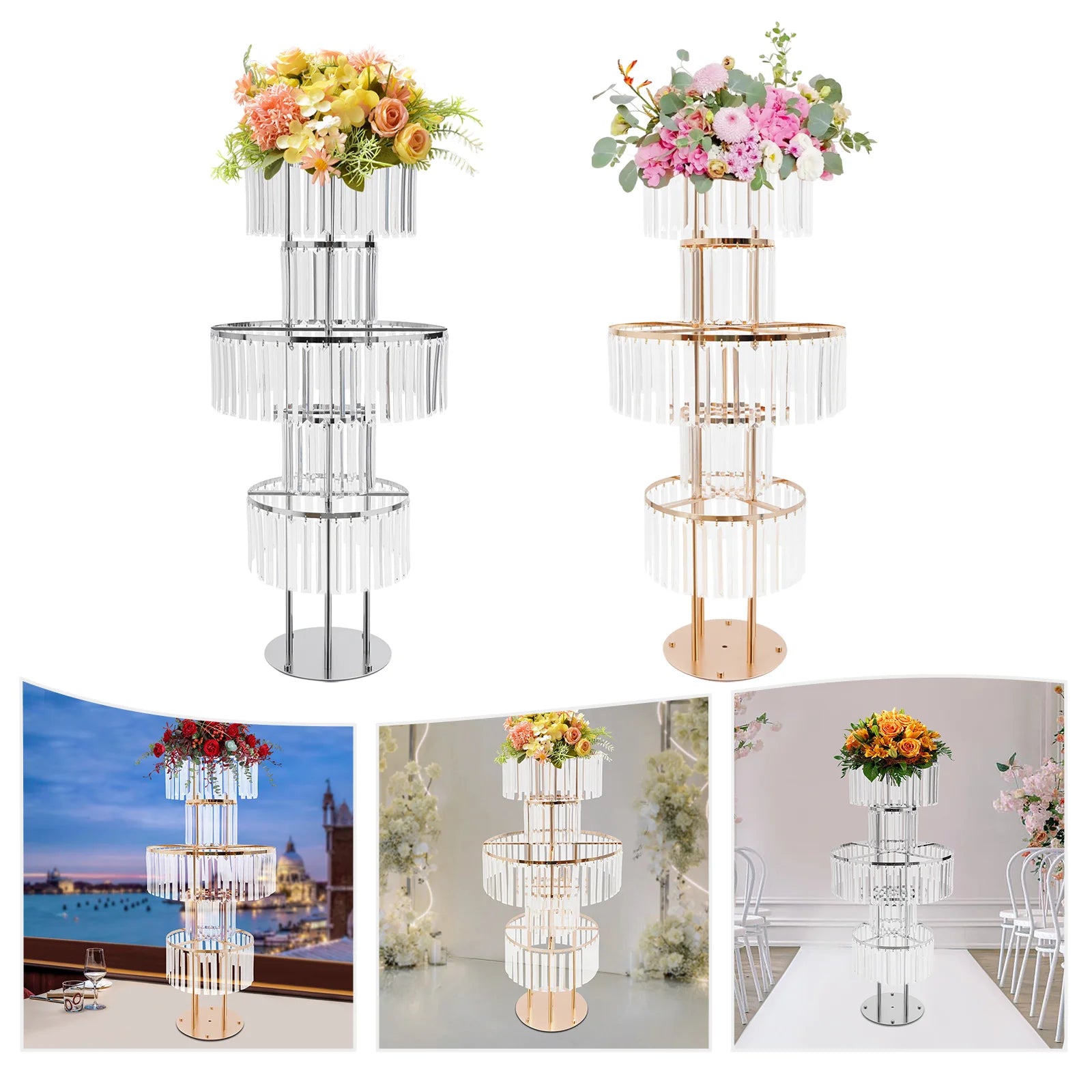 5 Tiers Gold/Silver Wedding Centerpieces Flower Stand Vase Centerpiece Acrylic Flower Stand with Hanging Acrylic