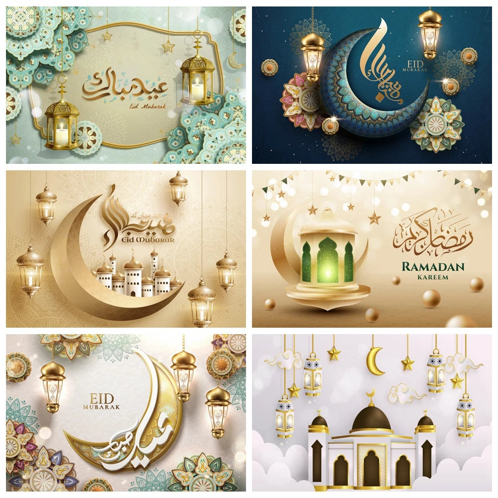 Ramadan Kareem Photography Backdrop EID Mubarak Islamic Mosque Lamps Moon Star White Cloud Photo Background Studio Poster Decor