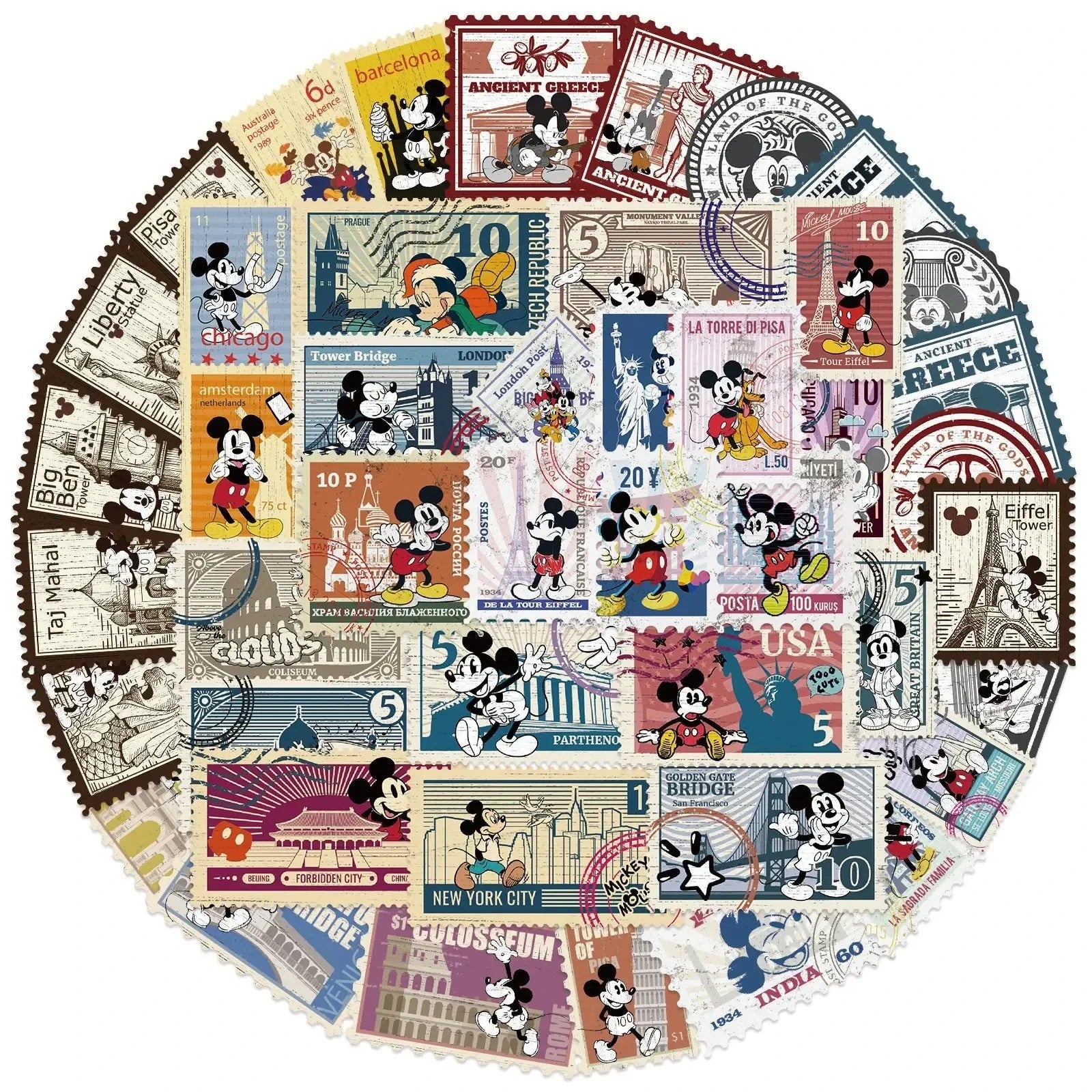 50PCS Retro Disney Mickey Stamps Cartoon Sticker DIY Phone Laptop Luggage Skateboard Graffiti Decals Fun for Kids Toys Gifts
