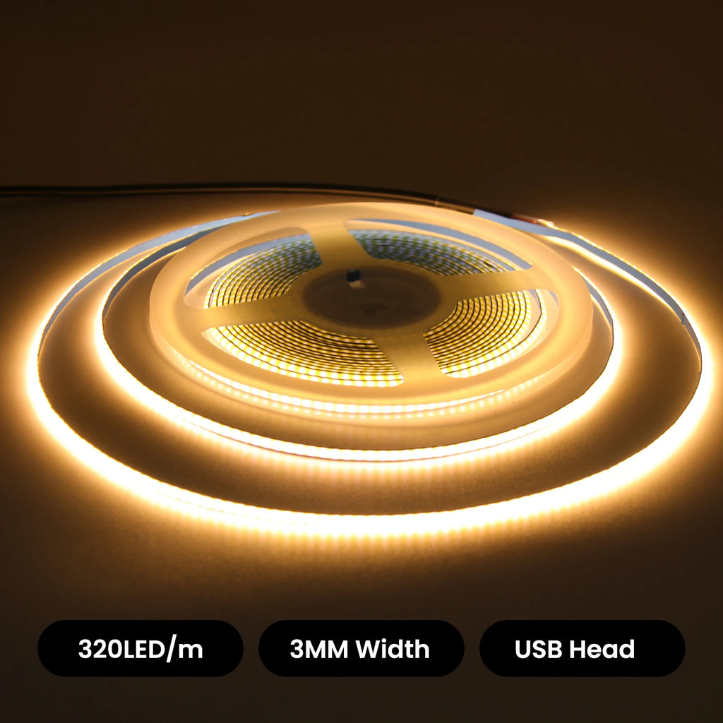 USB Dimmable COB LED Strip Light 3MM 5MM 8MM RA90 High Density 320LEDs/M 3000K 4000K 6500K FOB Flexible Ribbon Tape Rope Lamp