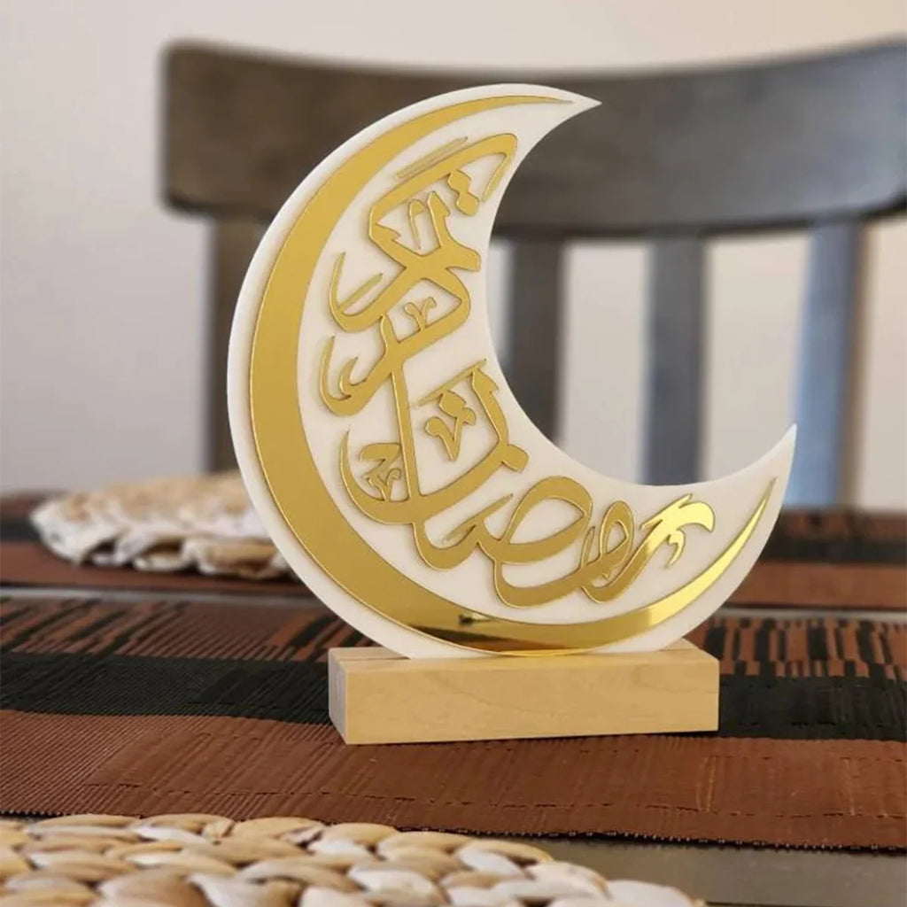 Ramadan Elegant White & Gold Crescent Moon Acrylic Decoration  Eid Calligraphy Moon Table Stand Ramadan Party Home Decorations