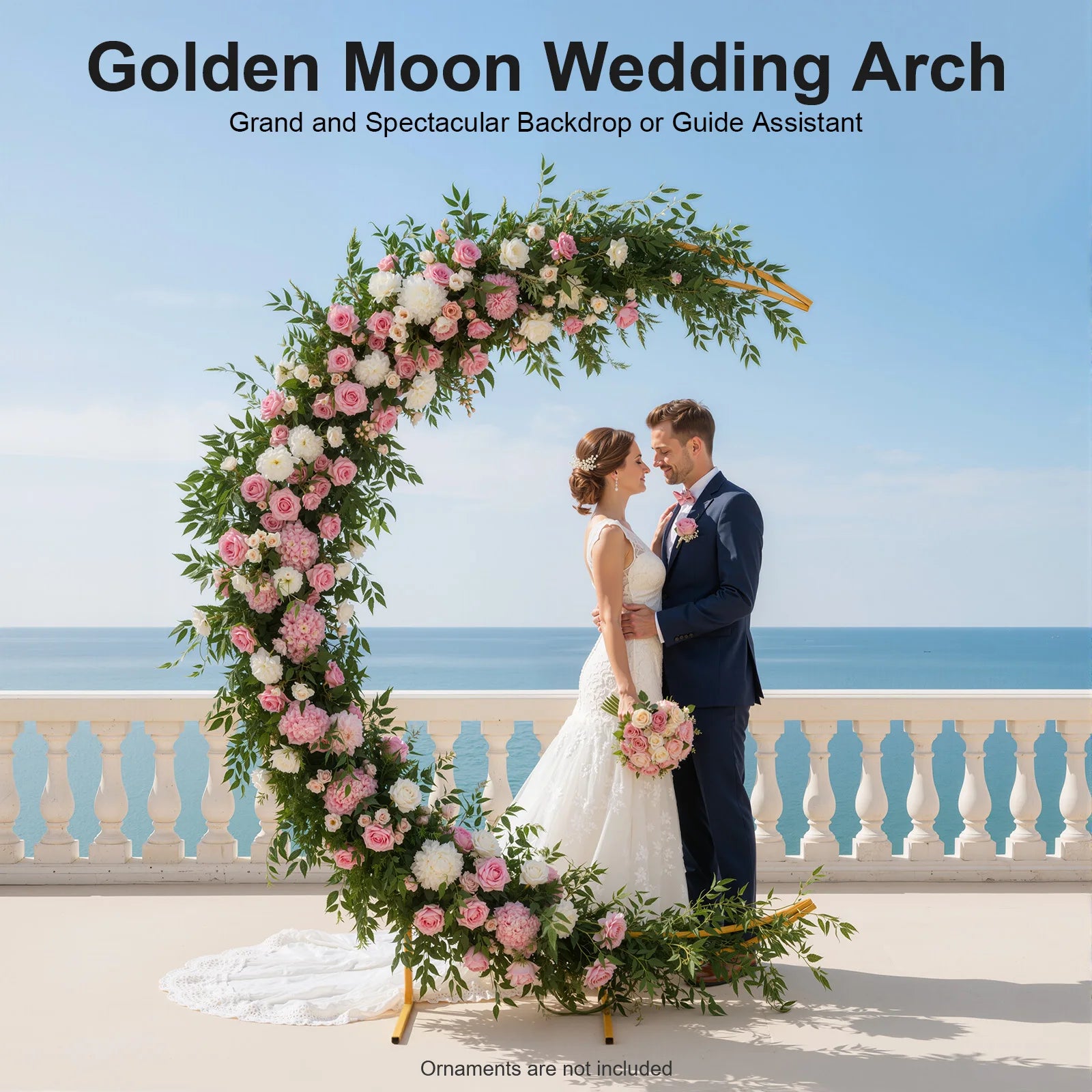 7ft Gold/White Metal Crescent Moon Wedding Arch Stand Curved Flower Balloon Frame 5kgLoad-bearing Capacity Plant Climbing Stand