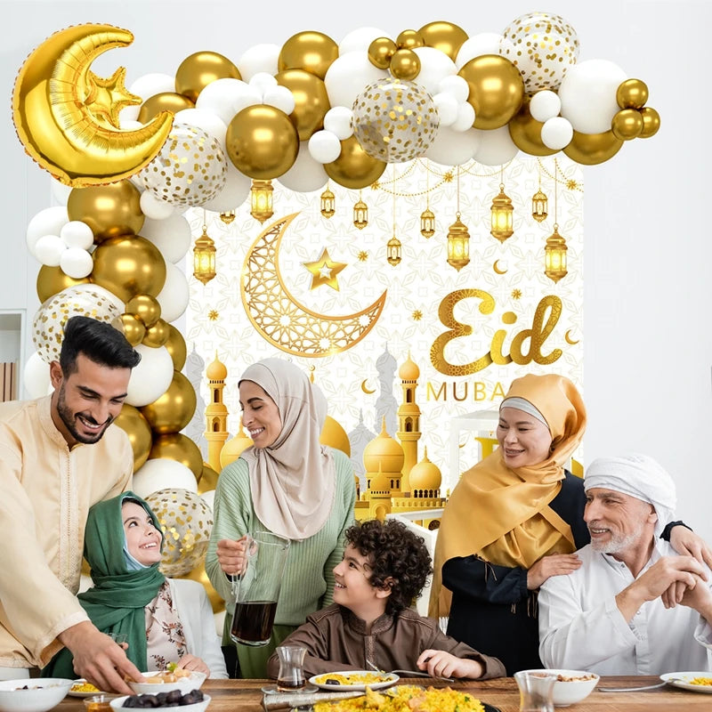 Eid al Fitr Party Gift Box Balloon Flag Set Muslim Ramadan Party Tableware Party Companion Gift Box Biscuit Bag Decorative Card