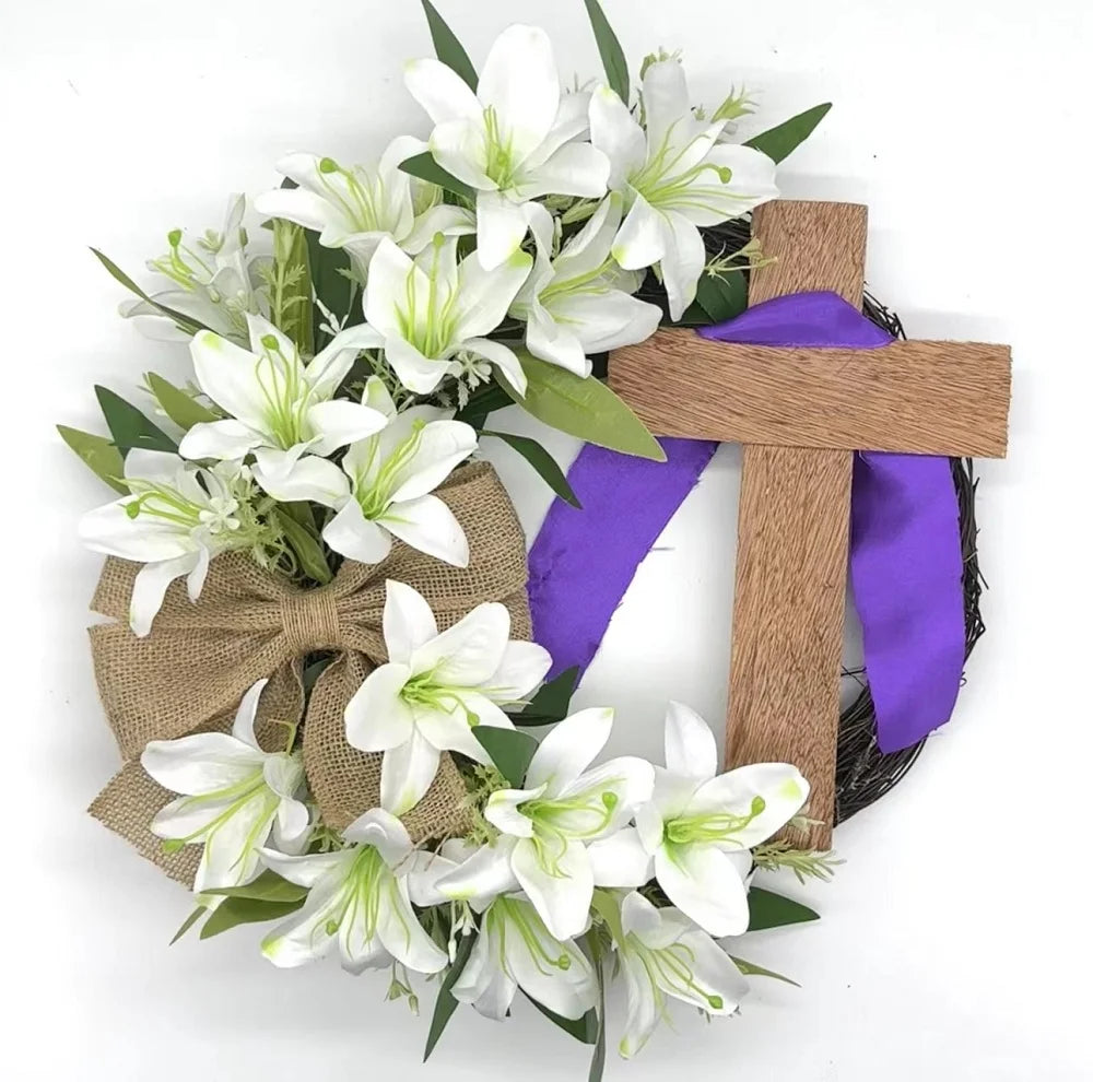 45cm Easter Cross Wreath Easter Wreath Imitation Plant Spring Wreath Door Hanging Decoration Flower Wreath Festival Home Garland