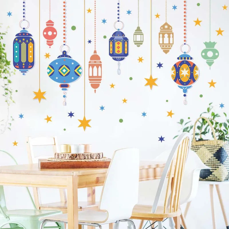 Ramadan Kareem Wall Stickers Moon Star Lantern Wall Decal 2024 Eid Mubarak Decorations for Home Muslim Islamic Party Decorations