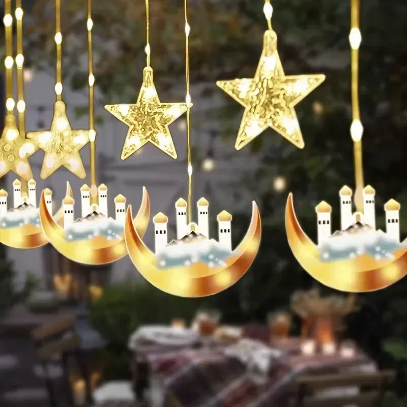 LED Moon and Star Window Curtain Lights USB Powered 8 Lighting Modes with Timer Function Ideal for Ramadan Thanksgiving