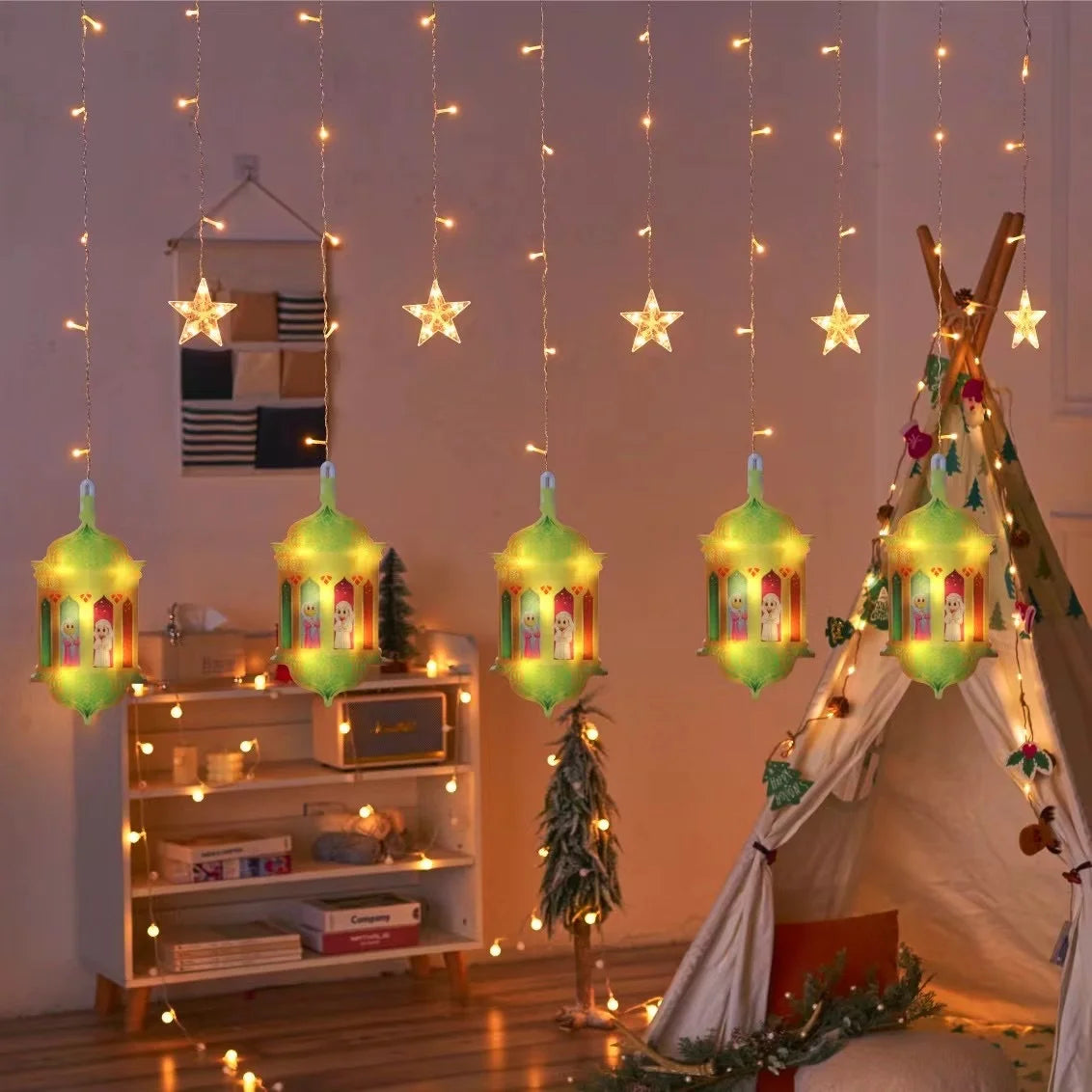2026 Eid Al-Fitr Mubarak LED String Lights Moon Stars Curtain String Lights Islamic Ramadan Kareem Decoration for Home Garden