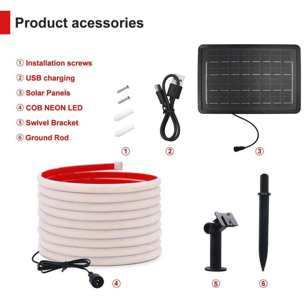 IP68 Waterproof Solar Powered COB Neon Strip 24V 320Leds 3000K 4000K 6000K Red/Green/Blue/Yellow Flexible Ribbon Rope LED Light