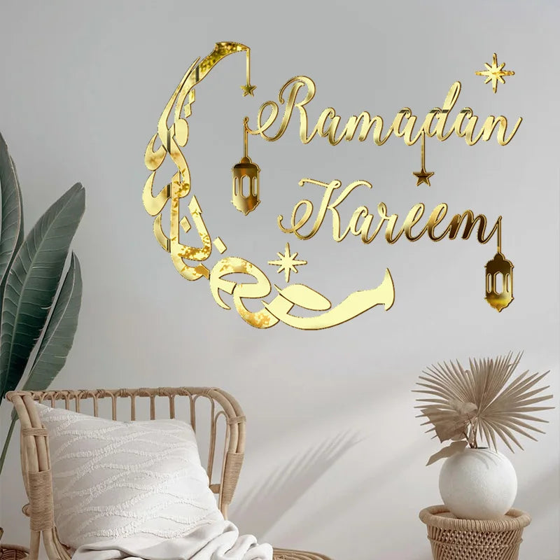 Ramadan Kareem Acrylic Mirror Wall Sticker 2025 Eid Mubarak 3D Wall Decal for Home Living Room Decoration Islamic Muslim Gift