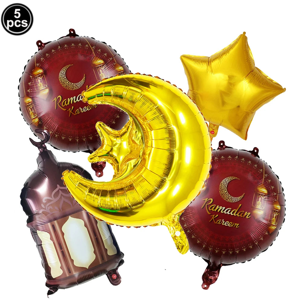 5pcs Eid Mubarak Balloons Decors Ramadan Lantern Moon Star Shape Moon Castle Pattern Foil Balloons Islamic Muslims Party Supplie
