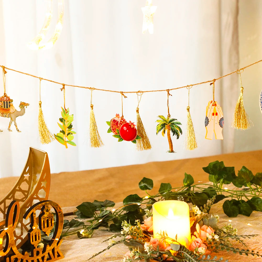 Ramadan Kareem Hanging Garland Islamic Camel Pomegranate Palm Moon Star Decor for Muslim Festival Home Party Wall Ornament Gifts