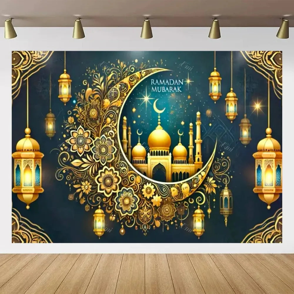 Eid Mubarak Backdrop for Photography EID Al Adha Muslim Ramadan Kareem Moon Lantern Islamic Eid al-Fitr Photo Background Props