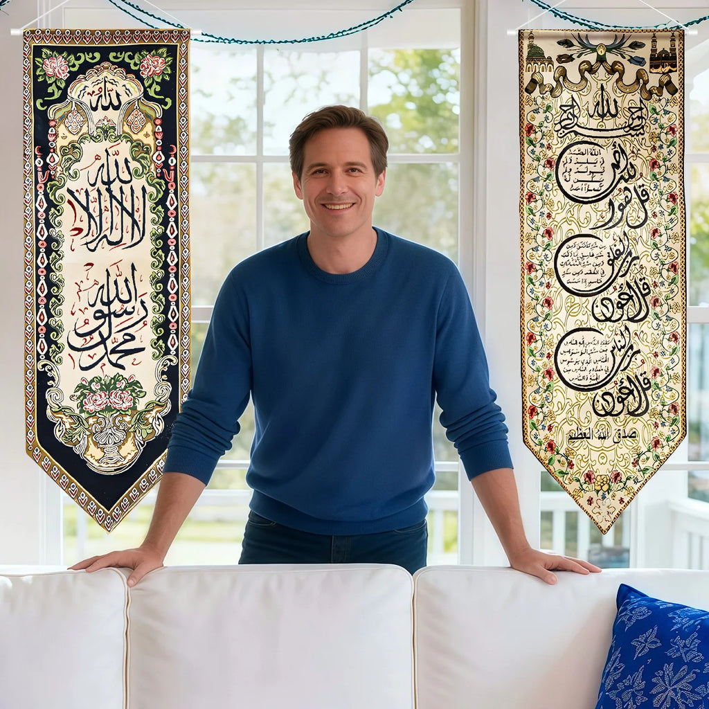 Ramadan Decorations Ramadan Mubarak Eid Kareem Banner Islamic Door Hanging Signs Welcome Muslim Arabic Door Banners for Eid Al-A