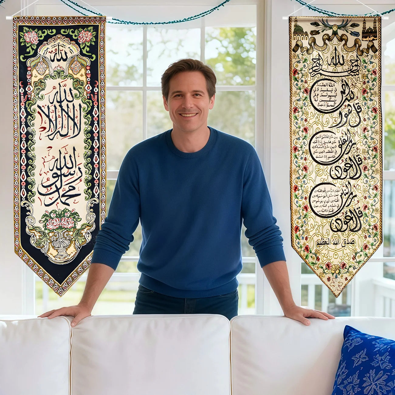 Ramadan Decorations Ramadan Mubarak Eid Kareem Banner Islamic Door Hanging Signs Welcome Muslim Arabic Door Banners for Eid Al-A