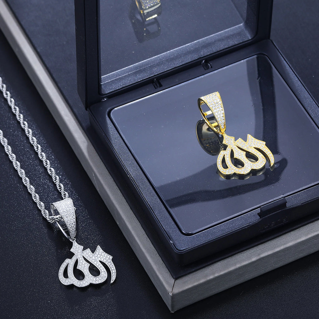 Moissanite Sparkling Full Diamond Islam Muslim Rune Pattern Pendant Allah Religious Necklace 925 Sterling Silver Men's Jewelry