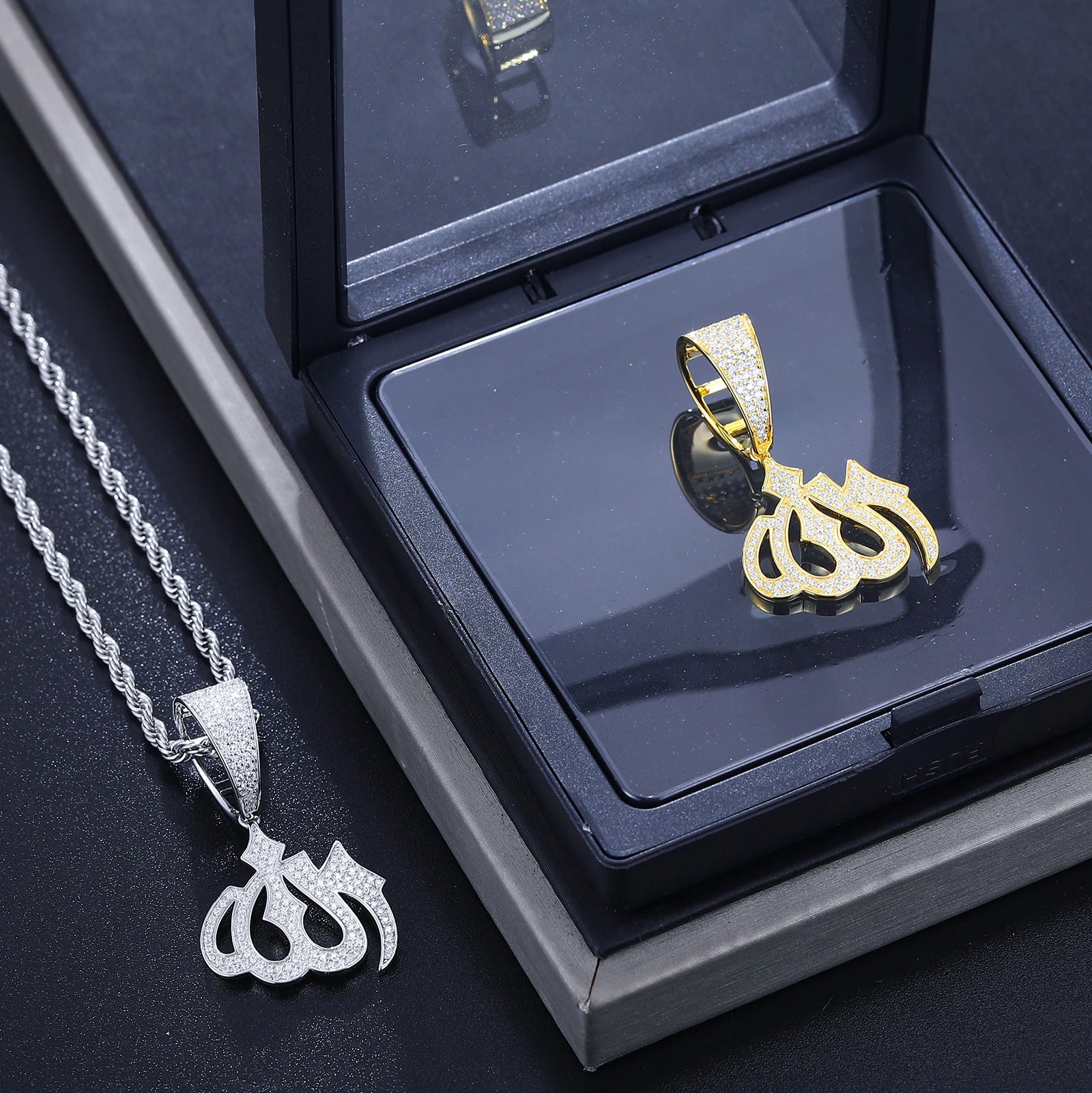 Moissanite Sparkling Full Diamond Islam Muslim Rune Pattern Pendant Allah Religious Necklace 925 Sterling Silver Men's Jewelry