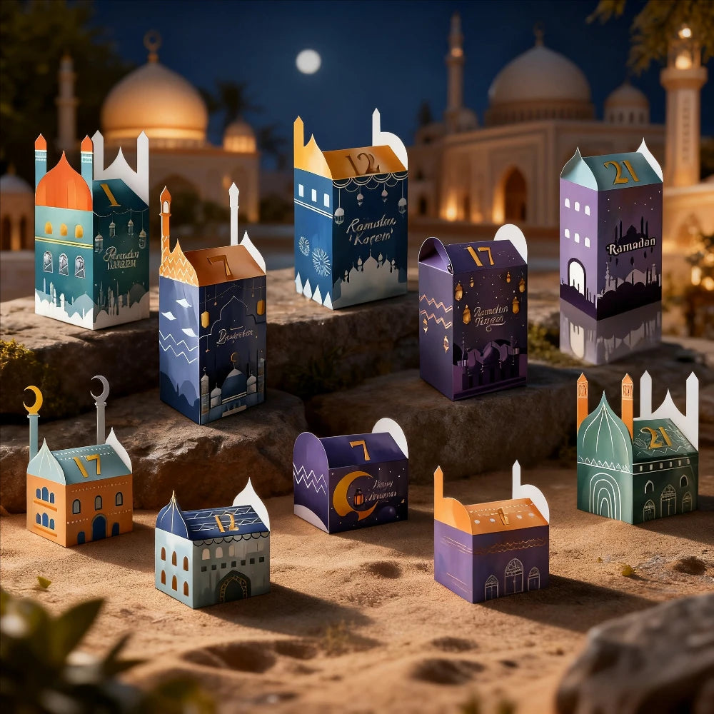 30-piece Ramadan "Exotic Countdown Gift Box"! Mosque Night Scene Design, Colourful and Unique Shapes, Printing Ramadan Dates,