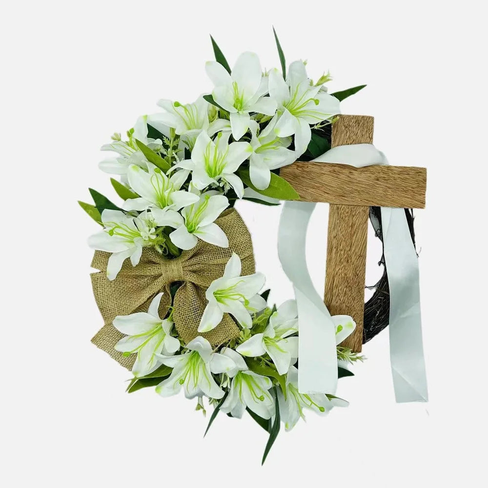 45cm Easter Cross Wreath Easter Wreath Imitation Plant Spring Wreath Door Hanging Decoration Flower Wreath Festival Home Garland