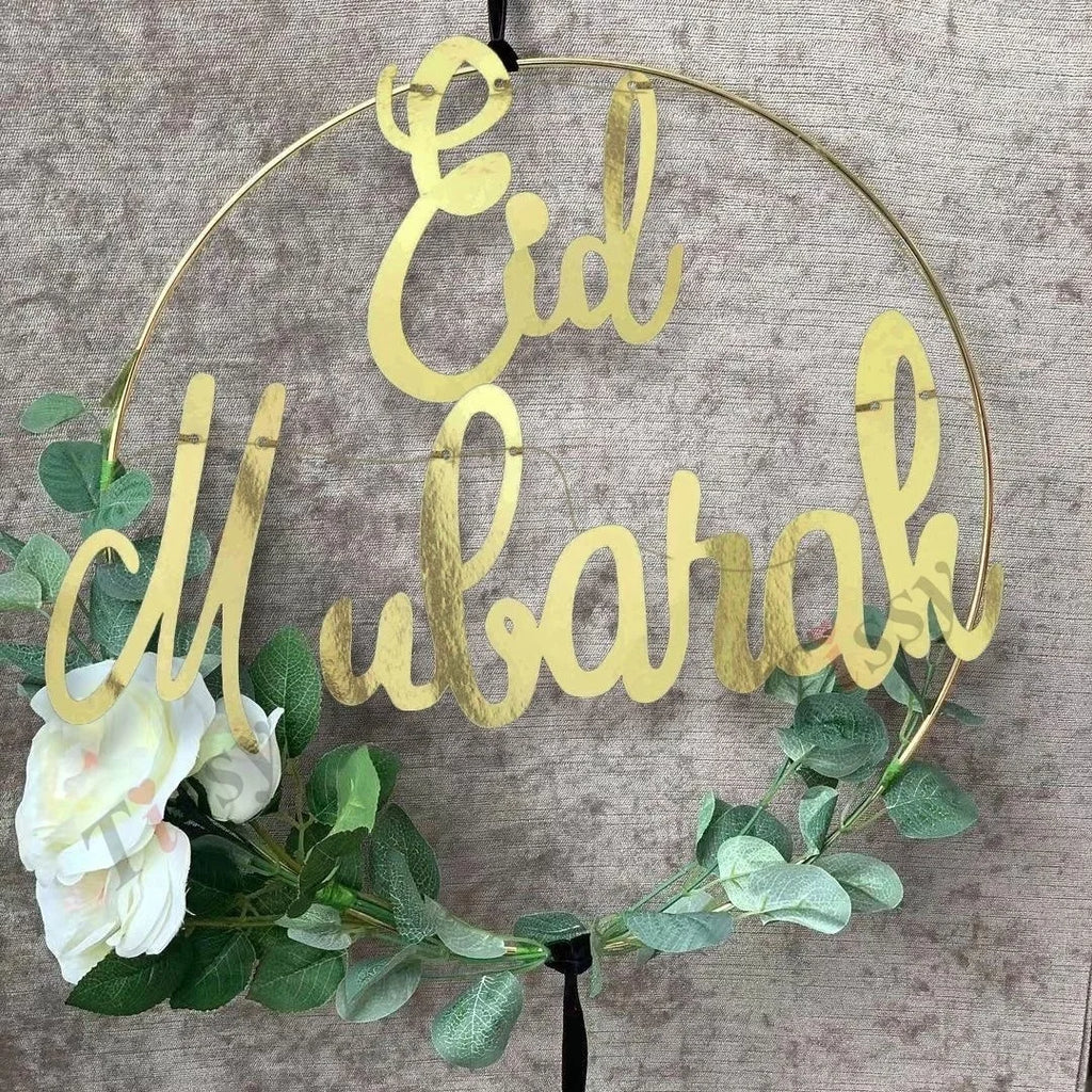 DIY Eid Mubarak Wreaths with Artificial Flower Leaves for Ramadan Kareem Islam Party Decoration Muslim Home Wall/Door Decor