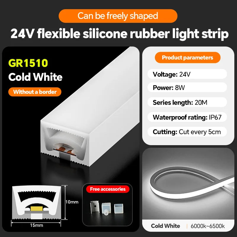 LED silicone light strip, linear light strip, embedded, 24V, waterproof, flexible, curved shape light