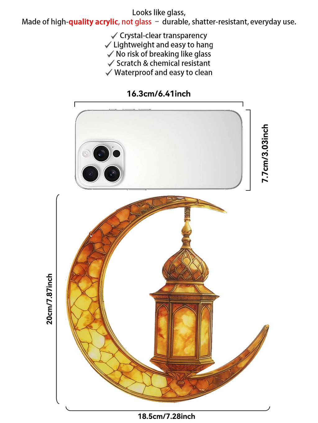 Islamic Moon Star Lantern Hanging Decor - Acrylic Eid Mubarak Ornament for Ramadan Kareem Muslim Festival Home Window Wall Decor
