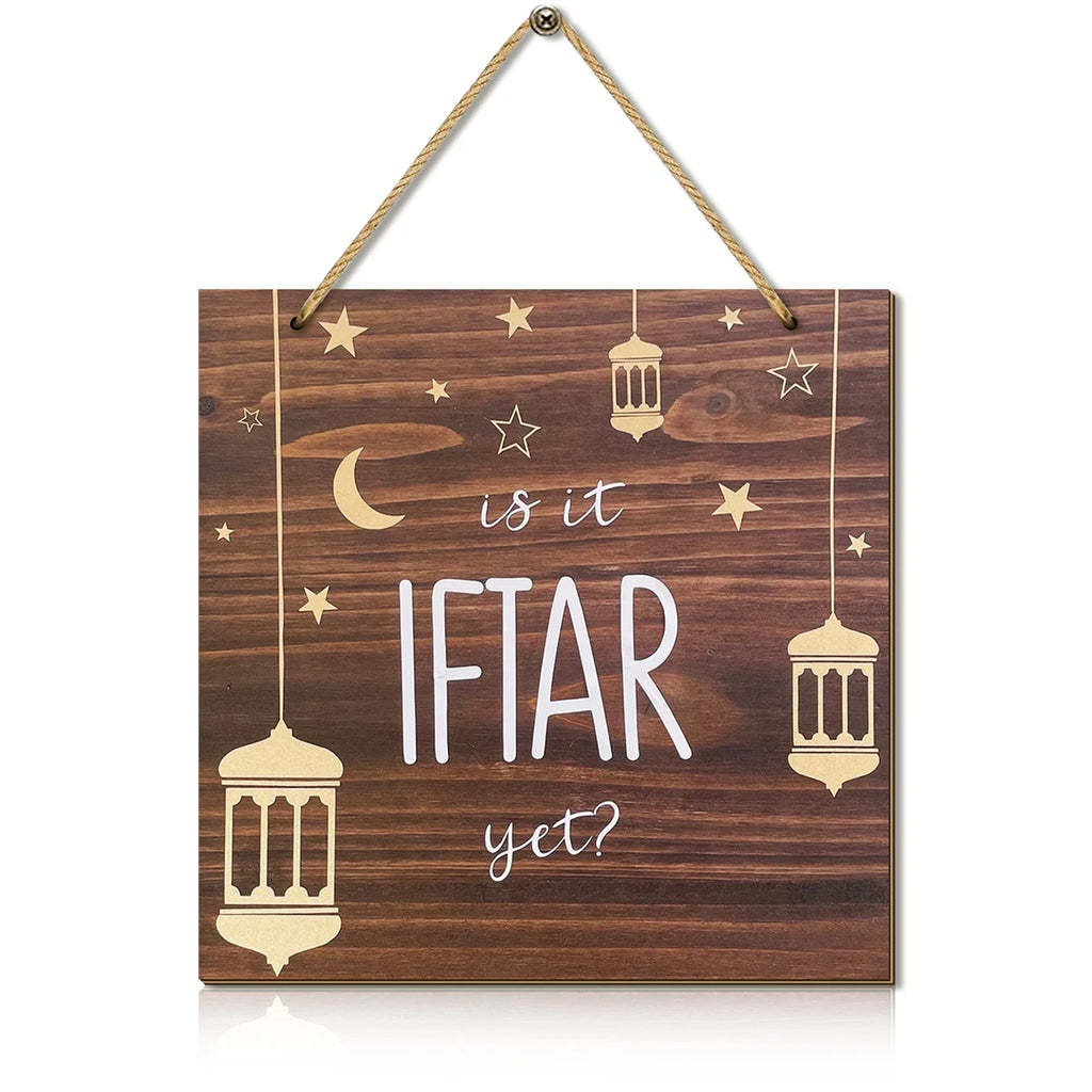 1PC Ramadan wooden wall decoration, "Is it IFTAR yet?" golden star crescent moon, Islamic style home wall decoration