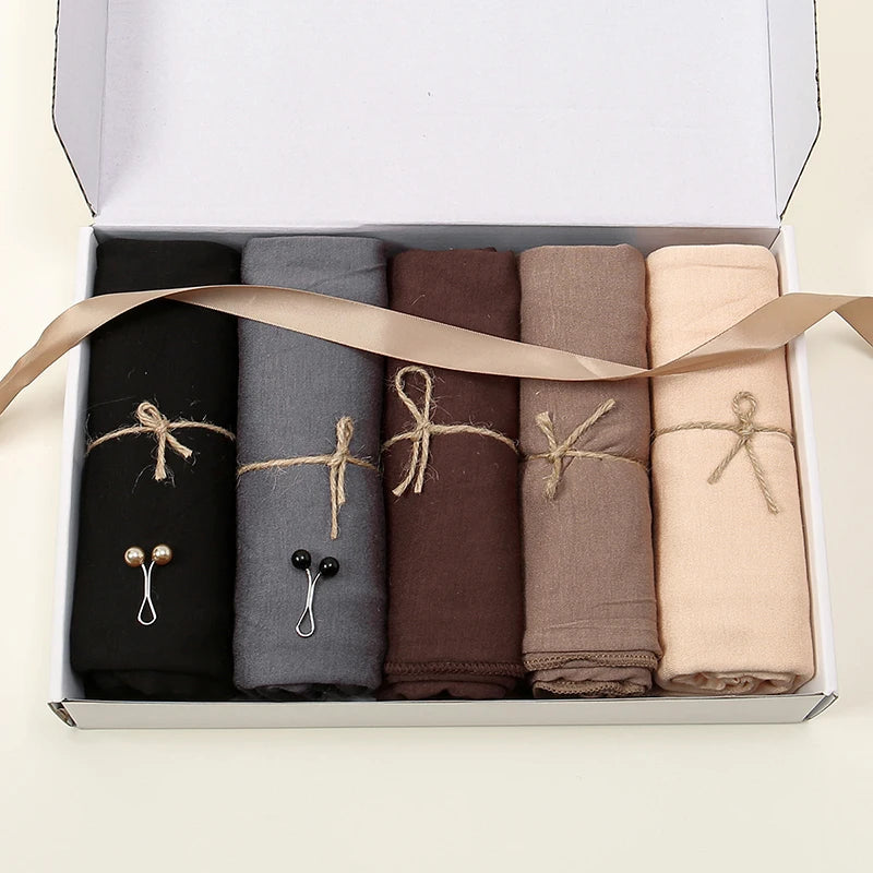 5/Pcs Solid Color Modal Hijab Scarf Cotton Muslim Hijab Shawls Women Sotf Long Wraps Islamic Headscarf Simple Turban Handana Set